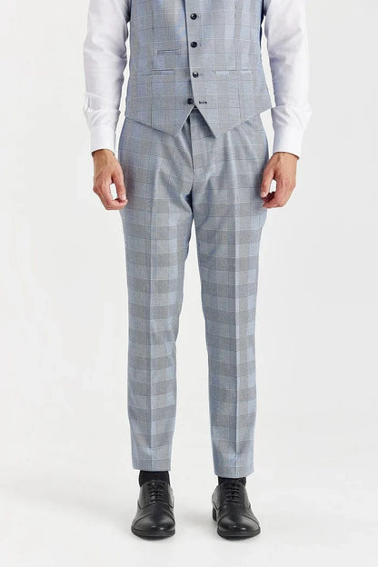 Sky blue checkered suit with white shirt and black shoes on a white background