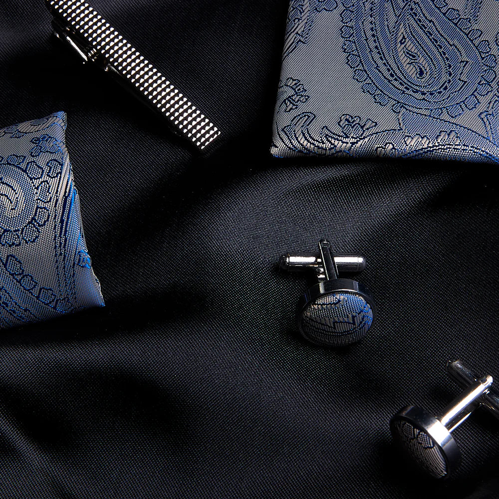 Paul Andrew Silver & Navy Paisley Tie Set