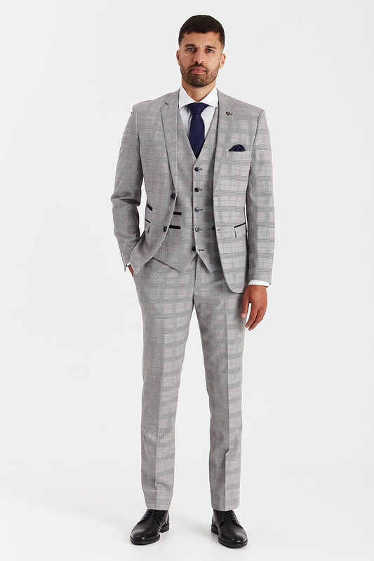 Model wearing the Paul Andrew Hugo Grey Checked Three Piece Suit