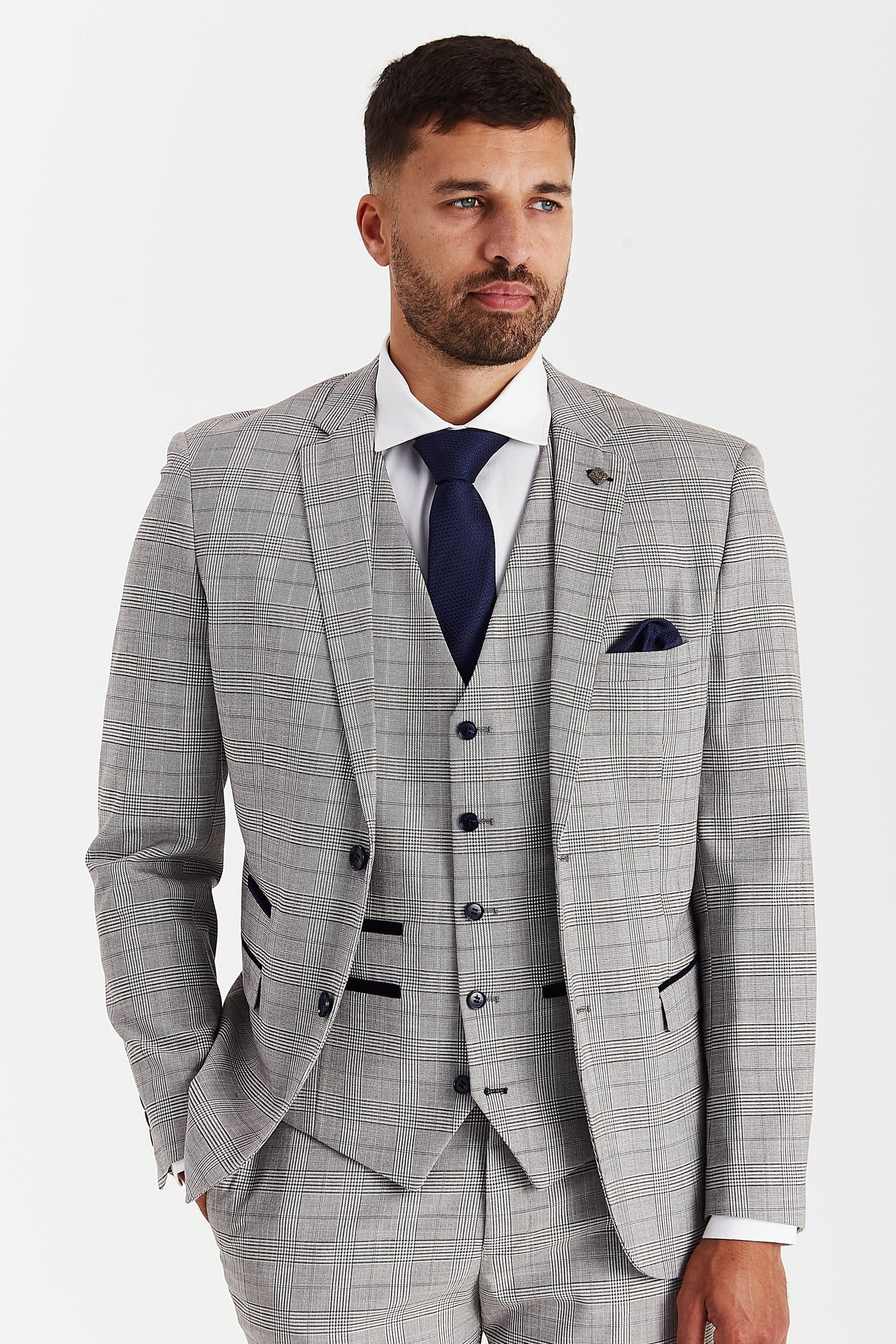 Front view of the Paul AndrewHugo Grey Checked Suit jacket, waistcoat and trousers