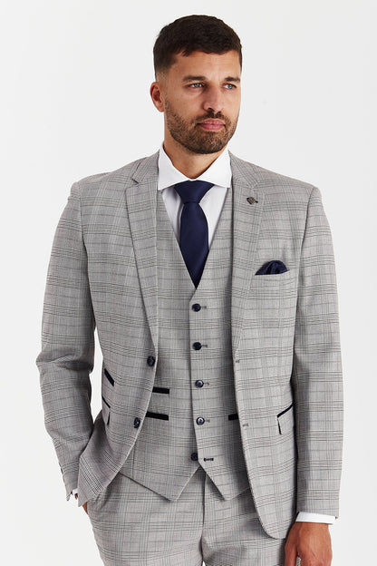 Front view of the Paul AndrewHugo Grey Checked Suit jacket, waistcoat and trousers