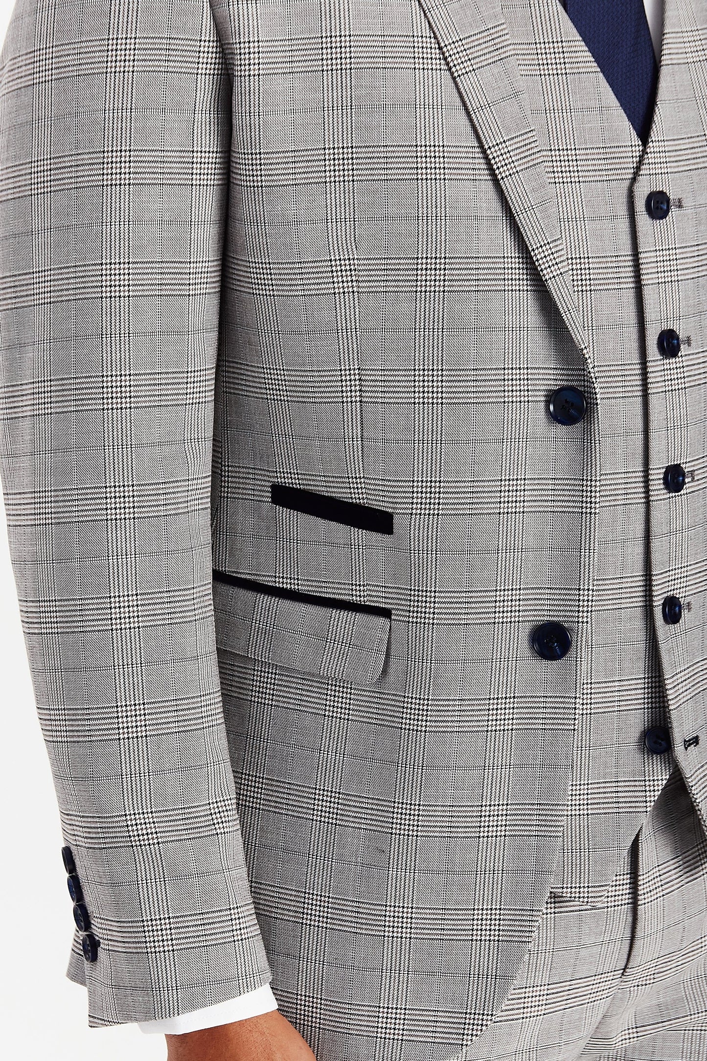 Close-up of Hugo Grey Checked Suit jacket showing navy trimmings and fabric texture