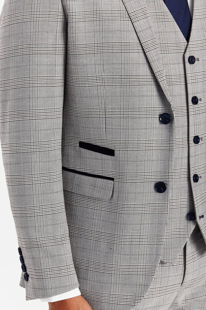 Close-up of Hugo Grey Checked Suit jacket showing navy trimmings and fabric texture