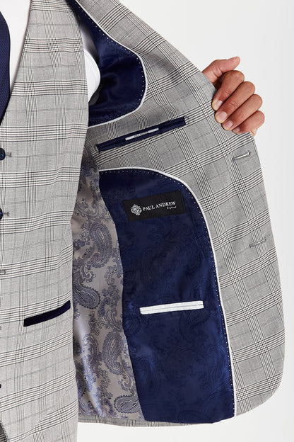 Inside lining of the Paul Andrew Hugo Grey Suit showing silver and navy paisley detail