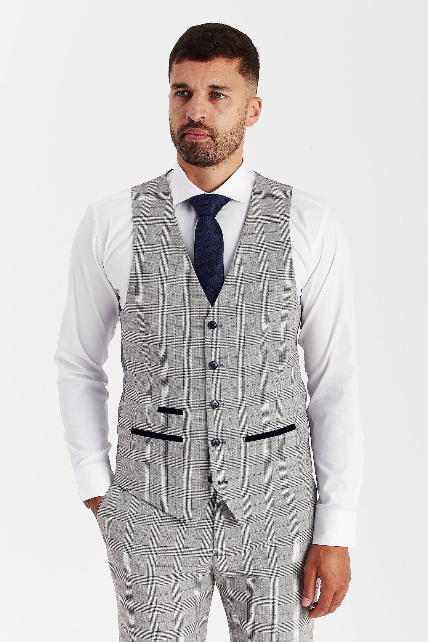 Paul Andrew Hugo Grey Checked Suit waistcoat front view