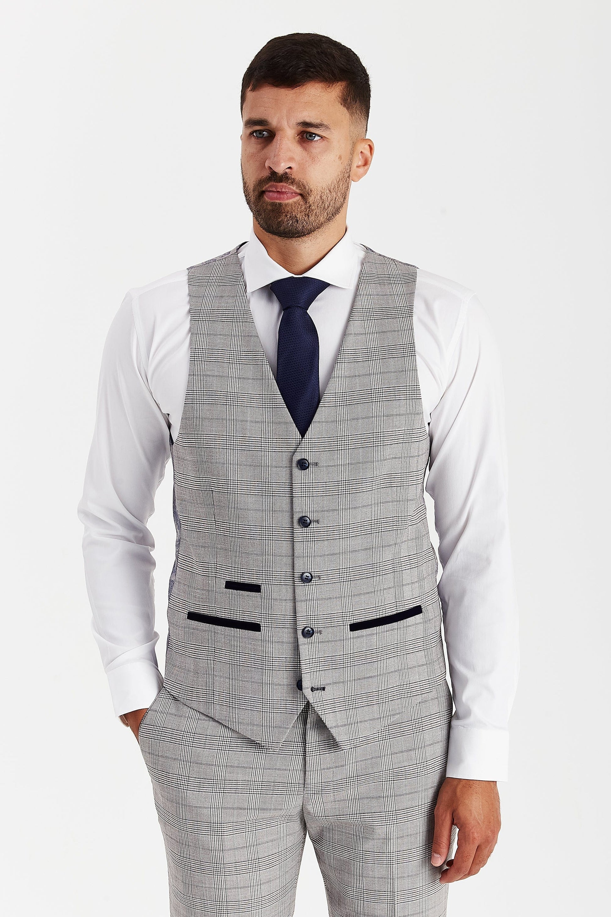 Paul Andrew Hugo Grey Checked Suit waistcoat front view