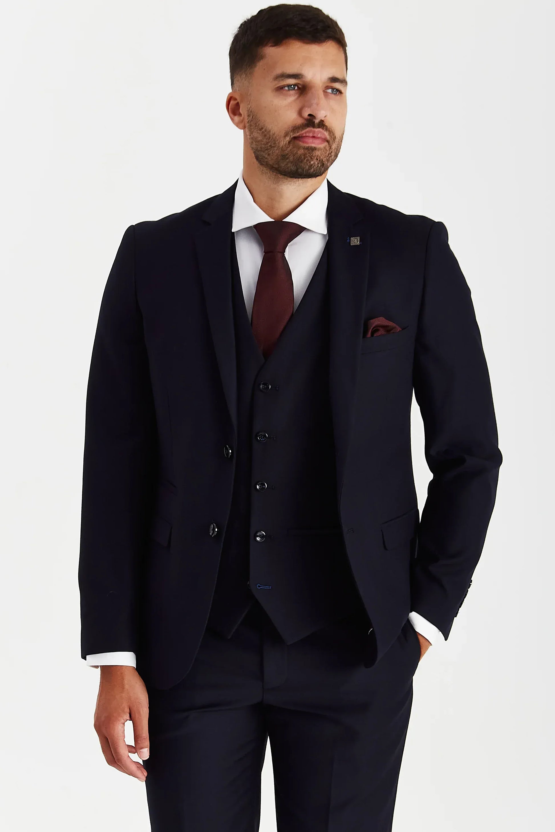 Close-up front view of the Paul Andrew Parker Navy Three Piece men’s suit from Menz Suits Stockport, showing rich navy tone and sharp tailored detailing.