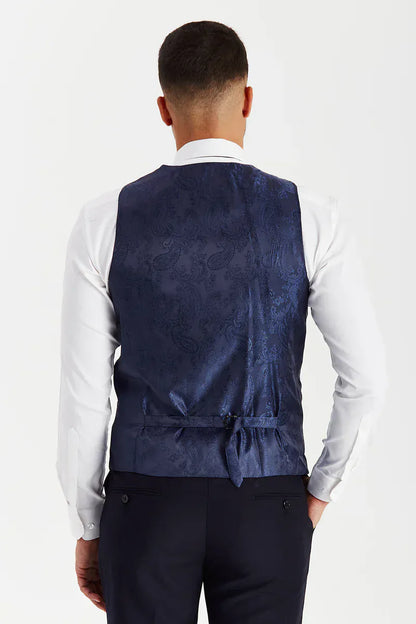 Rear view of the Paul Andrew Parker Navy men’s waistcoat from Menz Suits Stockport, showing adjustable back strap and deep navy paisley finish.