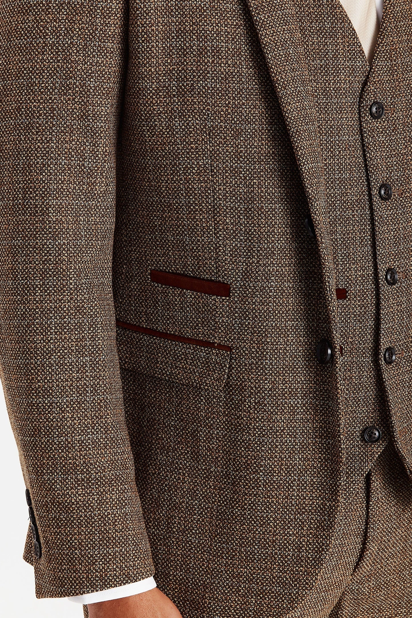 Close-up of the Paul Andrew Ralph Brown Tweed 1920s Style Three Piece Suit jacket from Menz Suits Stockport, showing brown buttons, suede trim, and detailed tweed fabric.