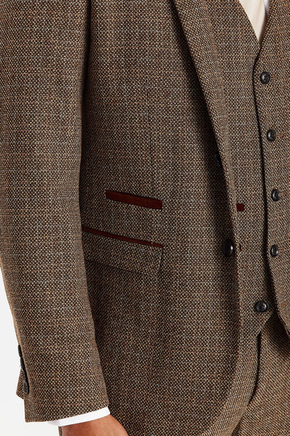 Close-up of the Paul Andrew Ralph Brown Tweed 1920s Style Three Piece Suit jacket from Menz Suits Stockport, showing brown buttons, suede trim, and detailed tweed fabric.