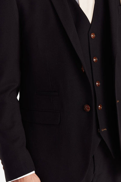 Close-up of the black suit jacket showing the brown buttons and textured fabric