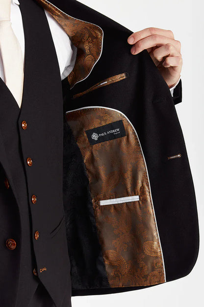 Inside view of the Paul Andrew Mayfair Black jacket from Menz Suits Stockport, showing black and brown paisley lining and detailed stitching.