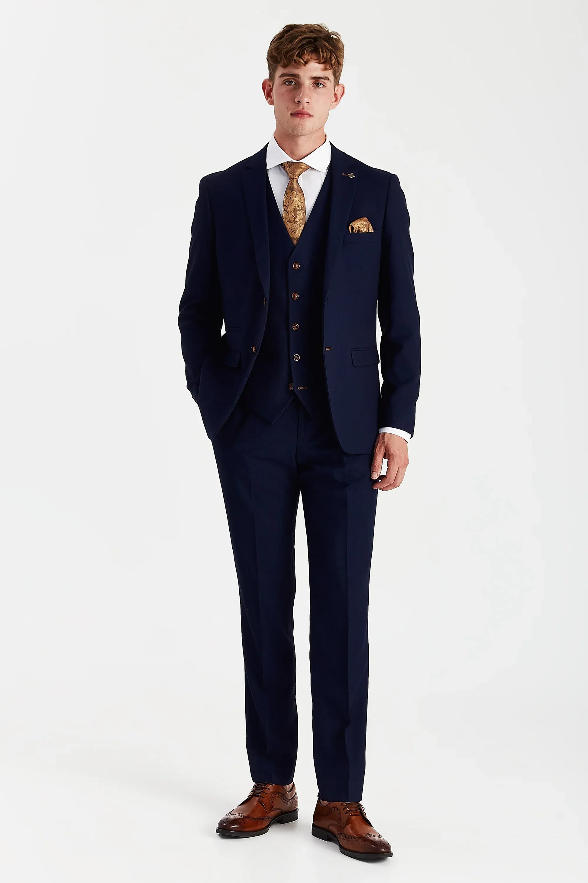 Model wearing the Paul Andrew Mayfair Navy 3-Piece Suit from Menz Suits – front view wedding suit