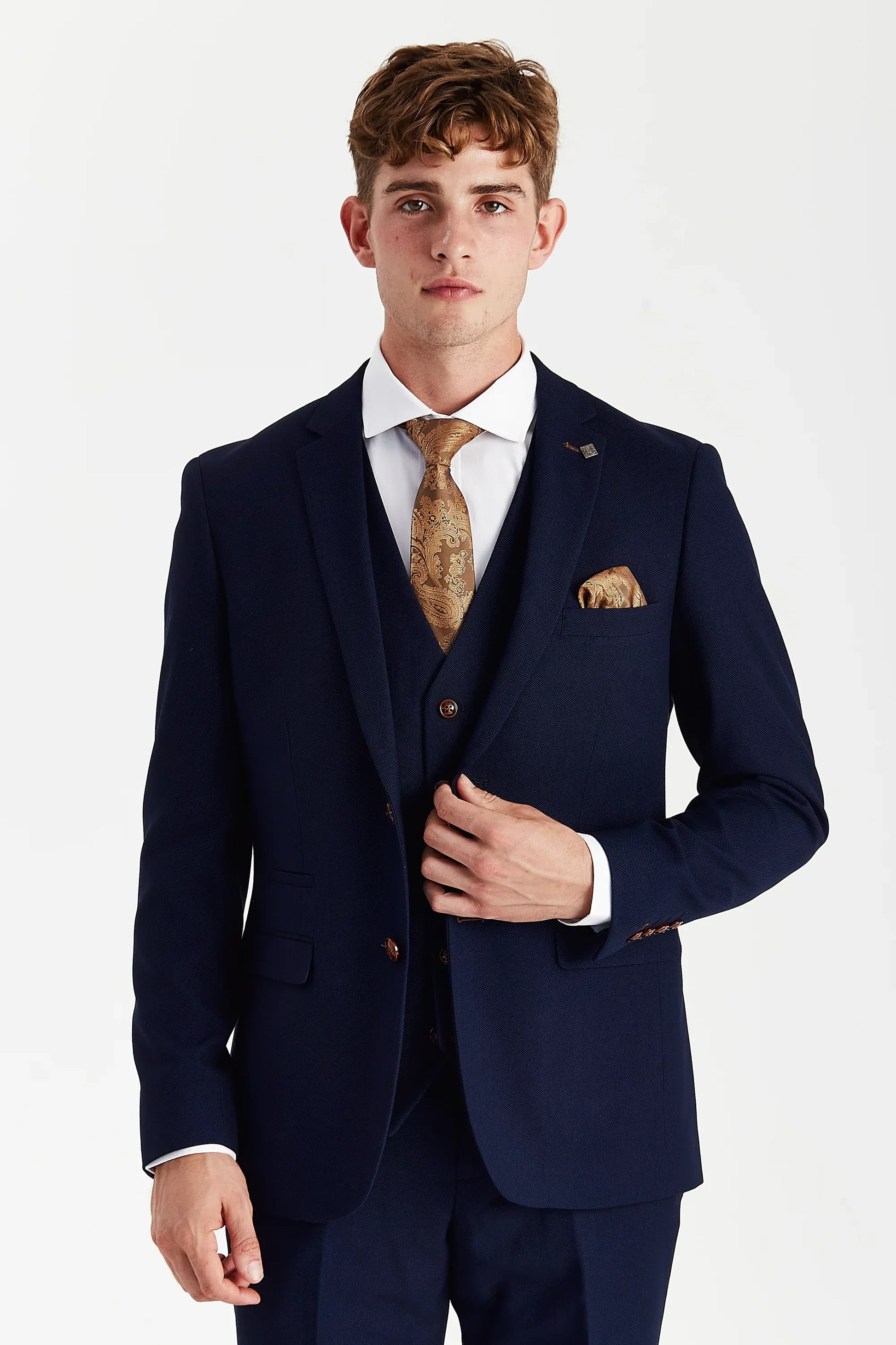Model wearing the Paul Andrew Mayfair Navy Three Piece Suit