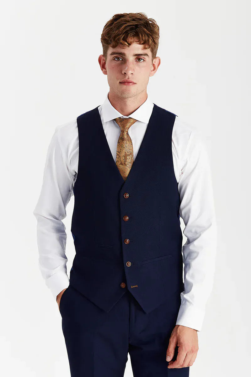 Close-up of the Paul Andrew Mayfair Navy waistcoat and lapel detailing