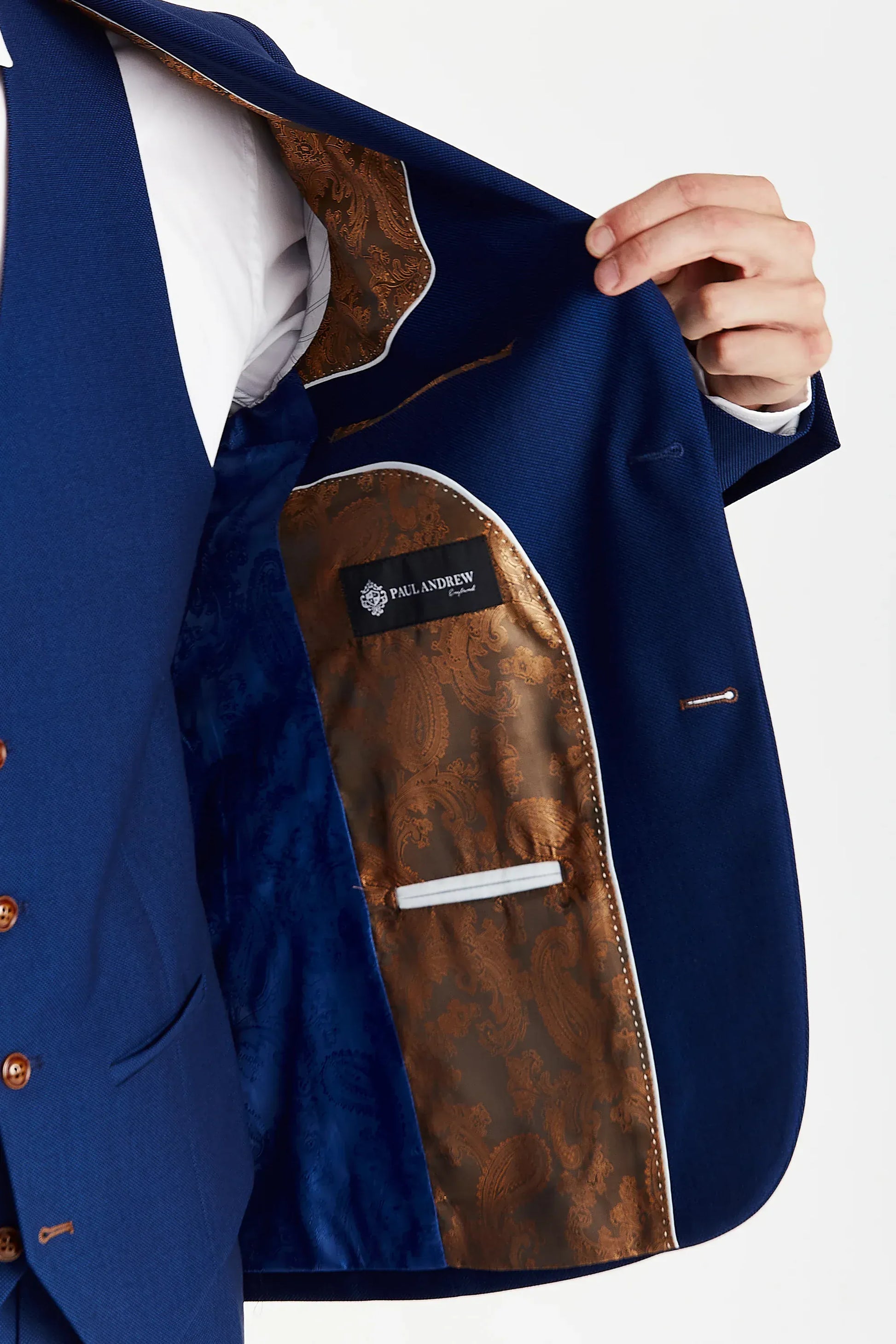 Paul Andrew Mayfair Blue suit jacket lining – blue and brown paisley inner lining from Menz Suits