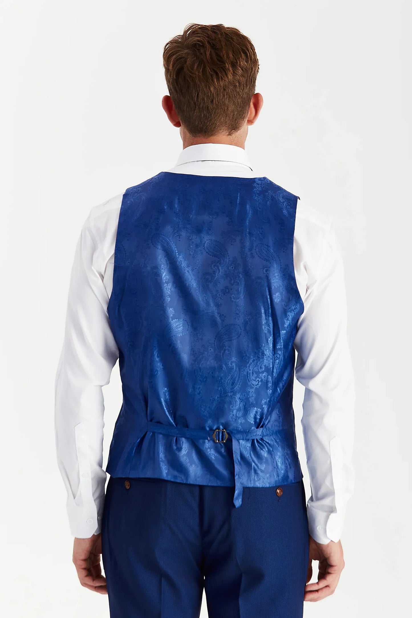 Paul Andrew Mayfair Blue waistcoat rear detail – tailored men’s waistcoat  from Menz Suits