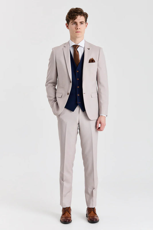 Paul Andrew Mayfair Stone Textured Three Piece Suit With Mayfair Navy Waistcoat