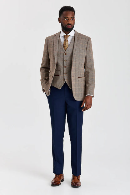 Paul Andrew Harris Brown Tweed Three Piece Suit with Mayfair Navy Trousers