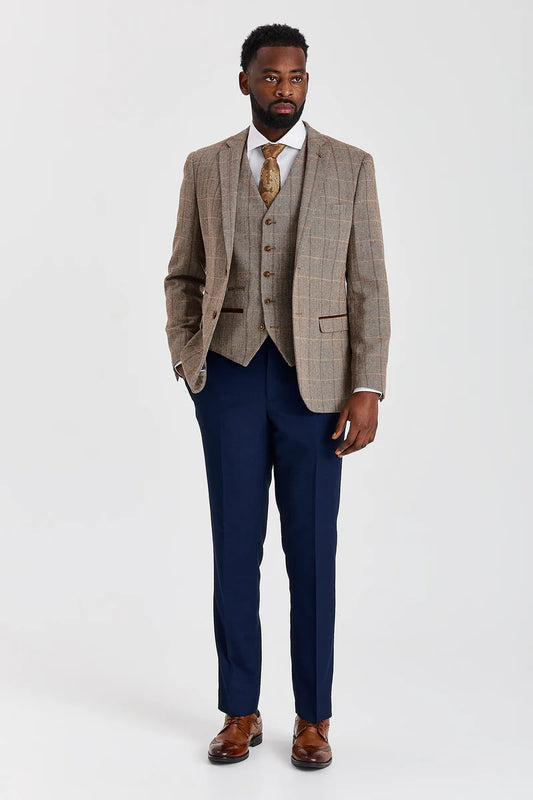 Paul Andrew Harris Brown Tweed Three Piece Suit with Mayfair Navy Trousers