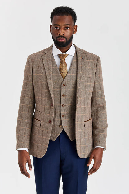 Paul Andrew Harris Brown Tweed Three Piece Suit with Mayfair Navy Trousers