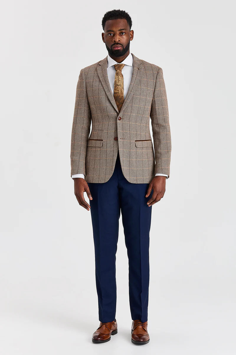 Paul Andrew Harris Brown Tweed Three Piece Suit with Mayfair Navy Trousers