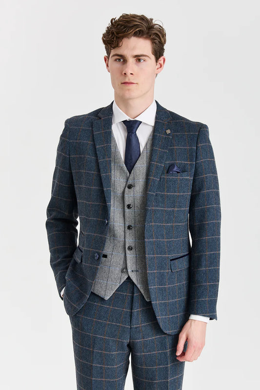 Paul Andrew Harris Navy Tweed Three Piece Suit with Harris Grey Tweed Waistcoat