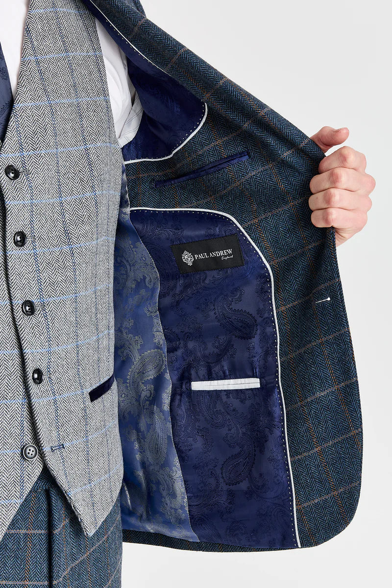 Paul Andrew Harris Navy Tweed Three Piece Suit with Harris Grey Tweed Waistcoat