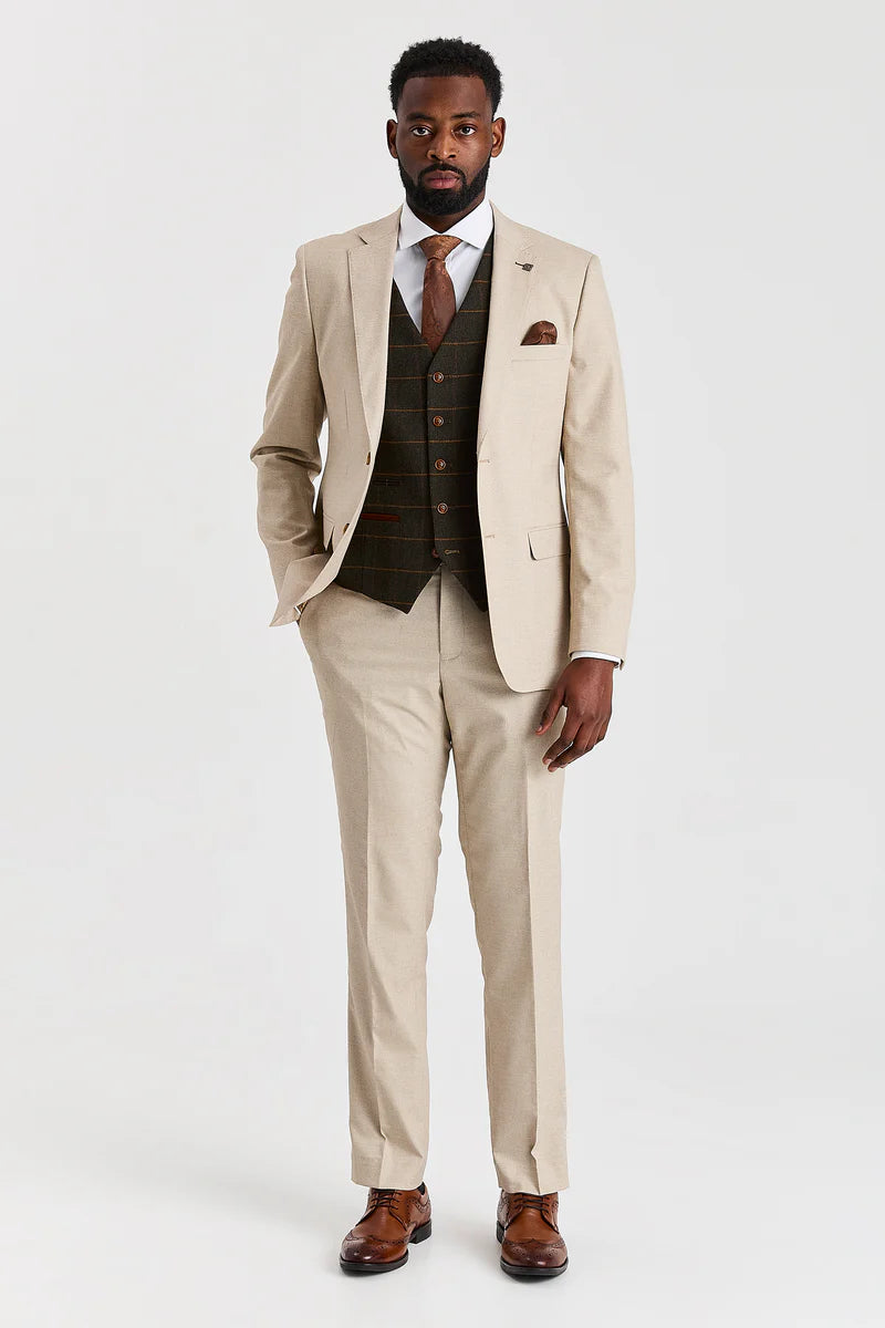Paul Andrew Belmont Beige Three Piece Suit with Harris Green Tweed Waistcoat