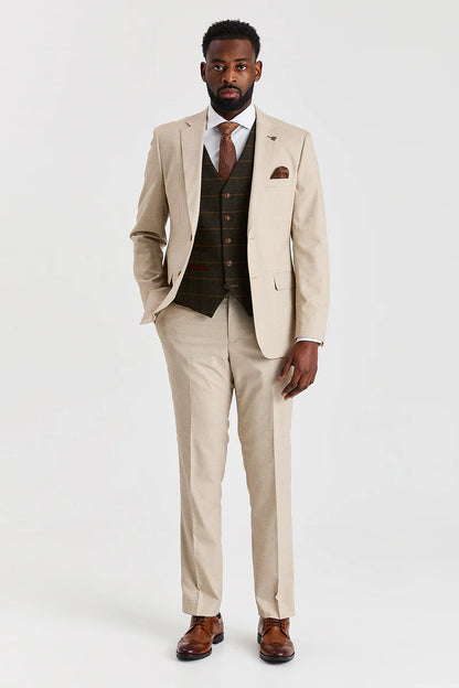 Paul Andrew Belmont Beige Three Piece Suit with Harris Green Tweed Waistcoat