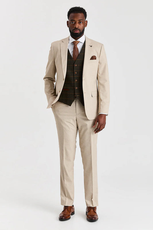 Paul Andrew Belmont Beige Three Piece Suit with Harris Green Tweed Waistcoat