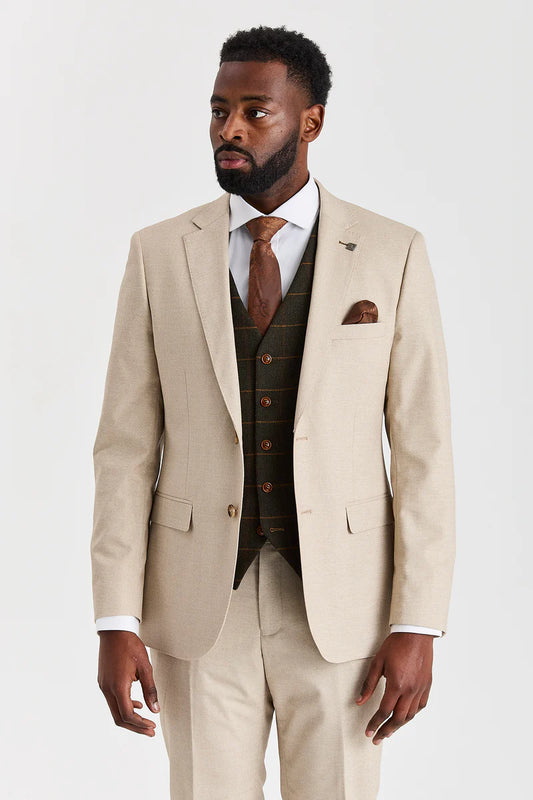 Paul Andrew Belmont Beige Three Piece Suit with Harris Green Tweed Waistcoat