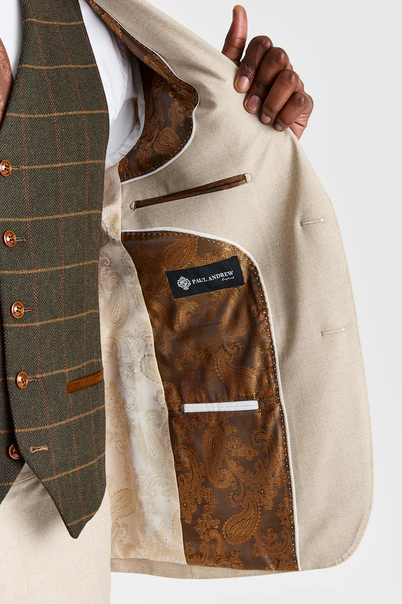 Paul Andrew Belmont Beige Three Piece Suit with Harris Green Tweed Waistcoat