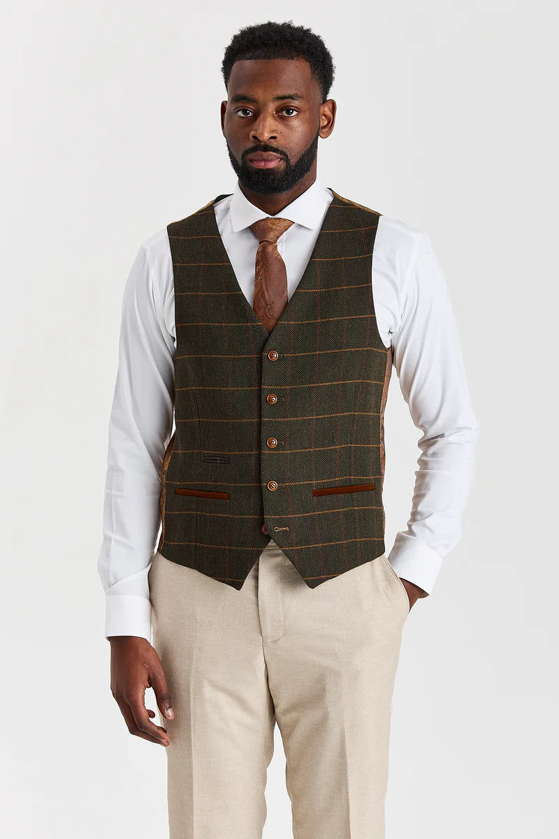 Paul Andrew Belmont Beige Three Piece Suit with Harris Green Tweed Waistcoat