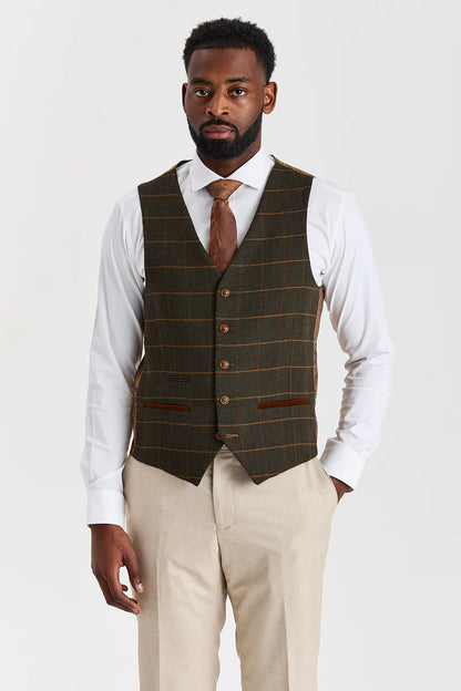 Paul Andrew Belmont Beige Three Piece Suit with Harris Green Tweed Waistcoat