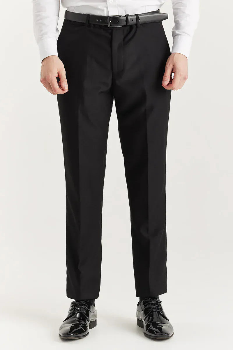 Front view of the Paul Andrew Harry Black Double Breasted Tuxedo Suit trousers from Menz Suits Stockport, tailored slim fit in premium black fabric.