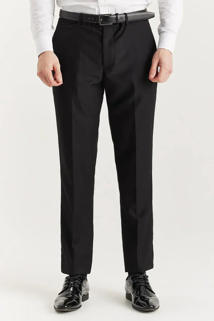 Front view of the Paul Andrew Harry Black Double Breasted Tuxedo Suit trousers from Menz Suits Stockport, tailored slim fit in premium black fabric.