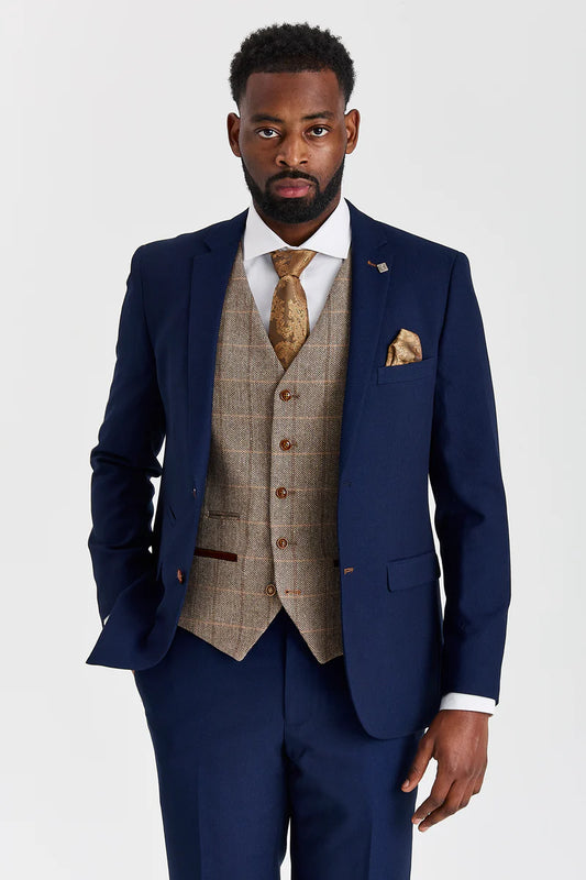 Paul Andrew Mayfair Navy Textured Three Piece Suit with Harris Brown Tweed Waistcoat