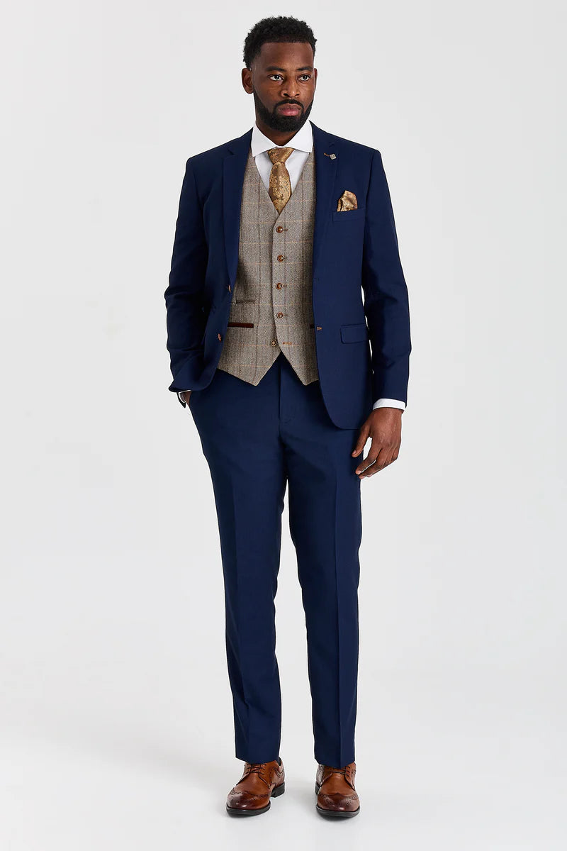 Paul Andrew Mayfair Navy Textured Three Piece Suit with Harris Brown Tweed Waistcoat