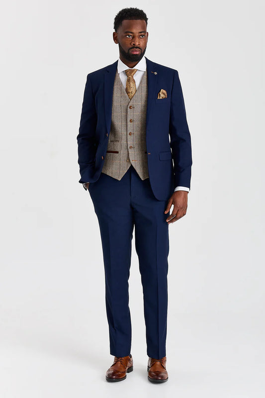 Paul Andrew Mayfair Navy Textured Three Piece Suit with Harris Brown Tweed Waistcoat