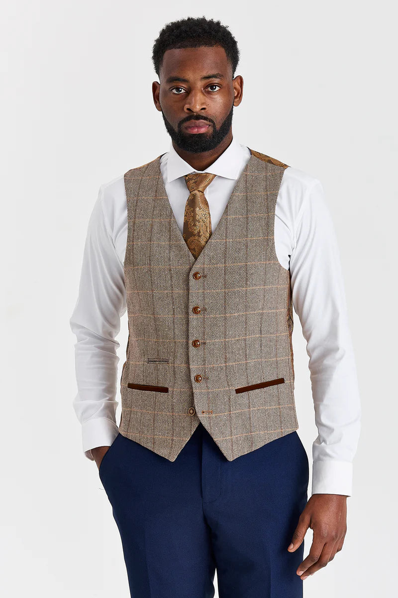 Paul Andrew Mayfair Navy Textured Three Piece Suit with Harris Brown Tweed Waistcoat