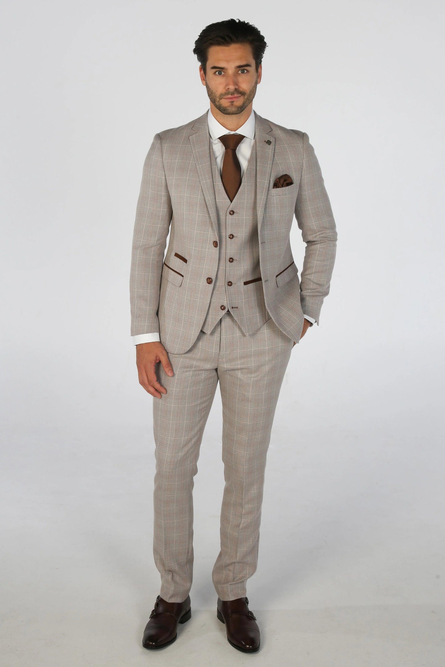 PAUL ANDREW LEO BEIGE CHECK 3-PIECE SUIT