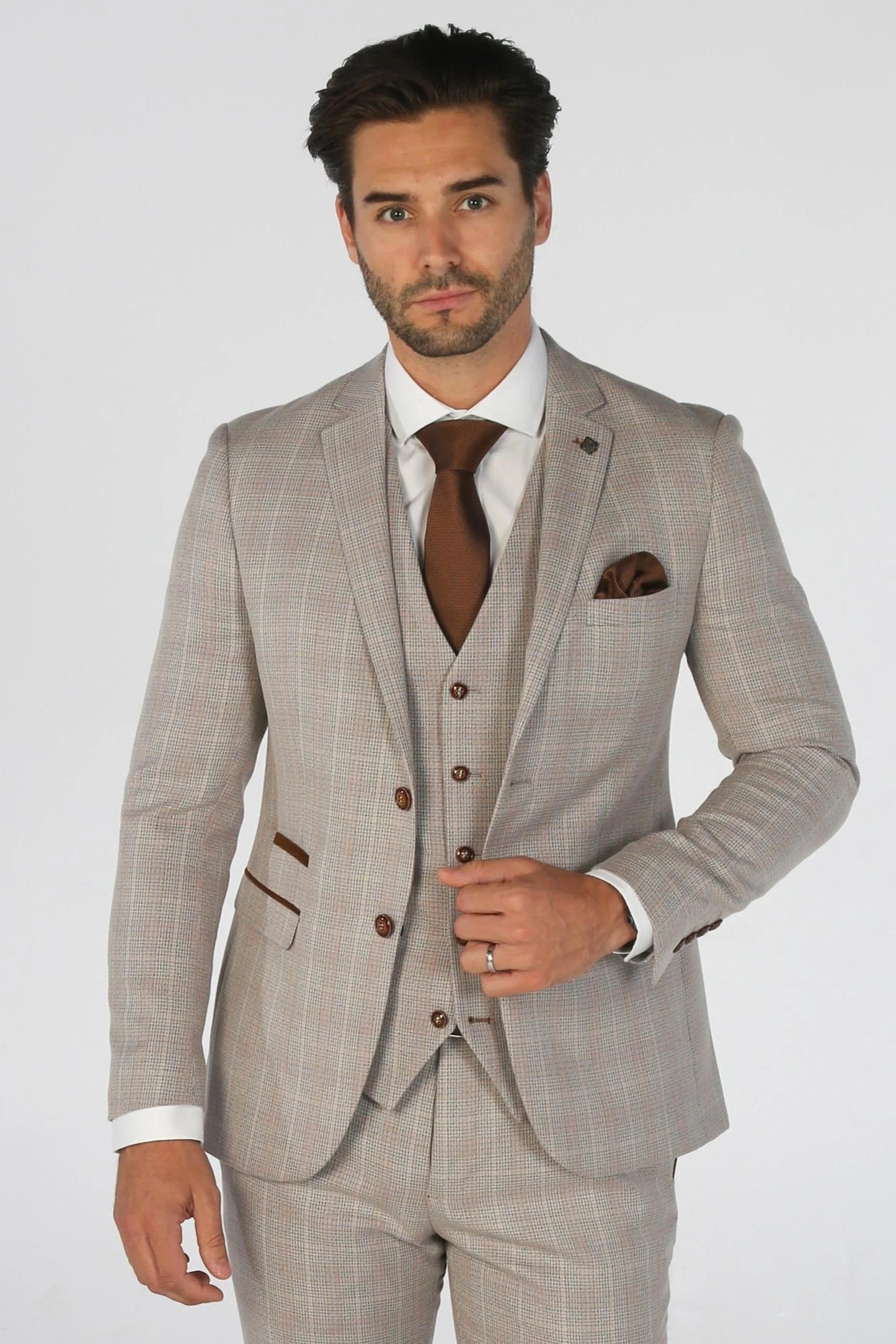 PAUL ANDREW LEO BEIGE CHECK 3-PIECE SUIT