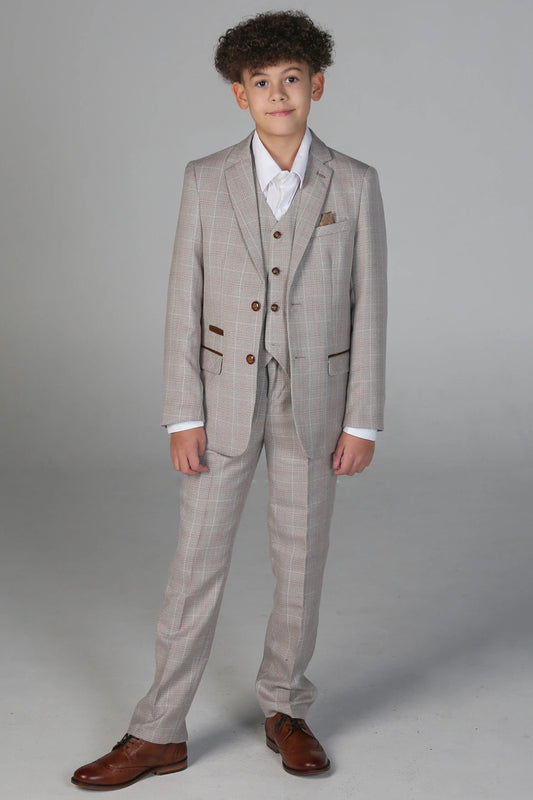 LEO BOYS BEIGE CHECK 3-PIECE SUIT