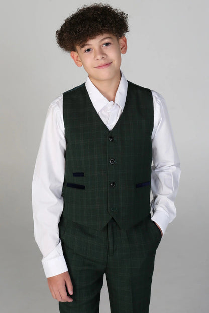 PAUL ANDREW LEO BOYS GREEN CHECK 3-PIECE SUIT