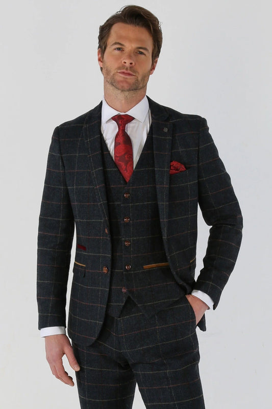 THOMAS NAVY TWEED CHECK 3-PIECE SUIT