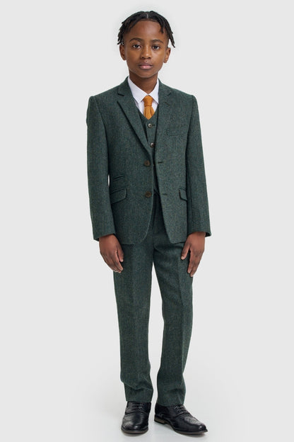 Cavani Thomas Lush Olive Tweed Boys Three Piece Suit