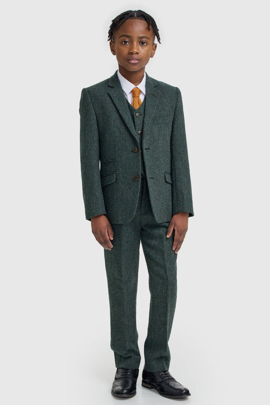 Cavani Thomas Lush Olive Tweed Boys Three Piece Suit