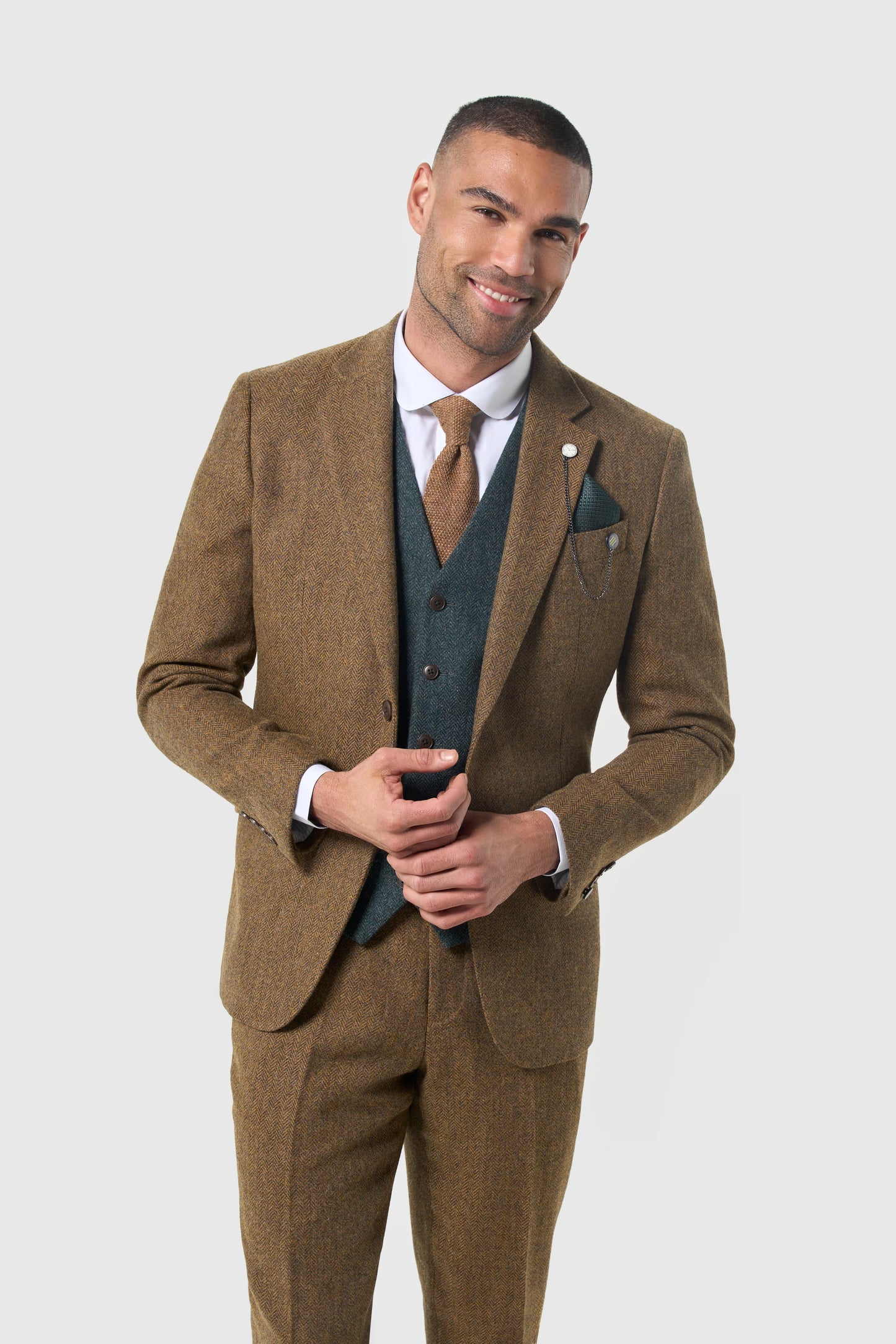 Cavani Thomas Brown Tweed Three Piece Suit with Olive Waistcoat