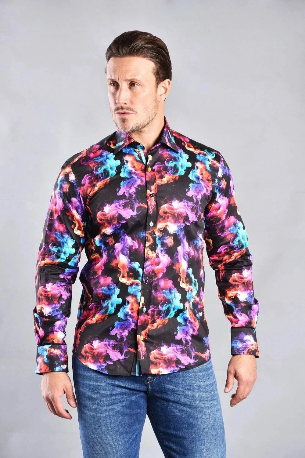 CLAUDIO LUGLI MENS SMOKE MULTICOLOURED PRINT SHIRT